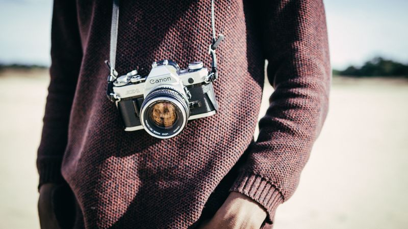 camera, lens, optics, strap, photographer, 4k