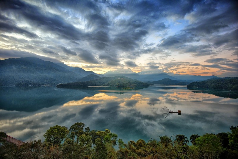 sunrise, lake, clouds, Taiwan, reflection