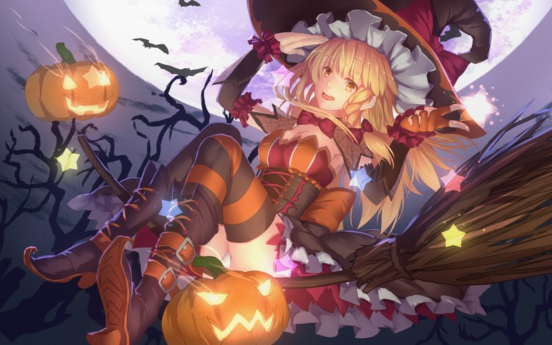 Halloween, pumpkin, witch hat, heels, Kirisame Marisa, thigh-highs, Touhou, witch, blonde, Jack O Lantern