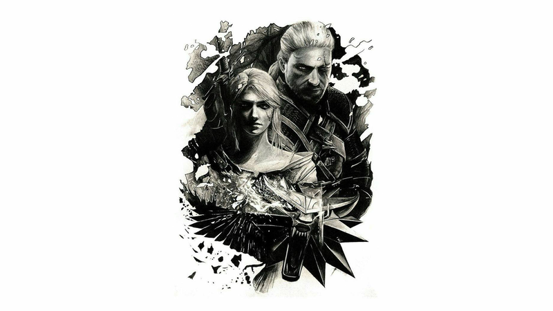 Ciri, Geralt of Rivia, The Witcher, The Witcher 3: Wild Hunt, simple background, monochrome, frontal view