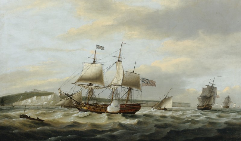 nature, landscape, sea, cliff, coastline, Cliffs of Dover, England, UK, sailing ship, boat, painting, classical art, traditional art, artwork, waves