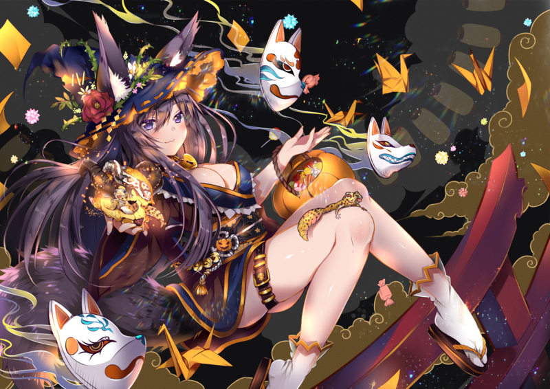 Halloween, witch hat, hat, pumpkin, animals, blushing, boobs, cleavage, flowers, fox girl, horns, long hair, mask, rose, tail