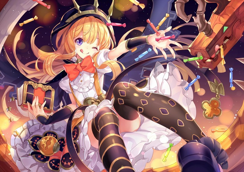 Halloween, blonde, books, dress, food, Granblue Fantasy, long hair, purple eyes, thigh-highs