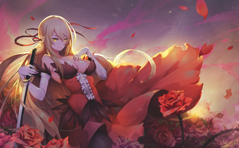 anime, anime girls, Monogatari Series, Oshino Shinobu, long hair, vampires, blonde, dress, weapon, sword, flowers, cleavage, ribbon