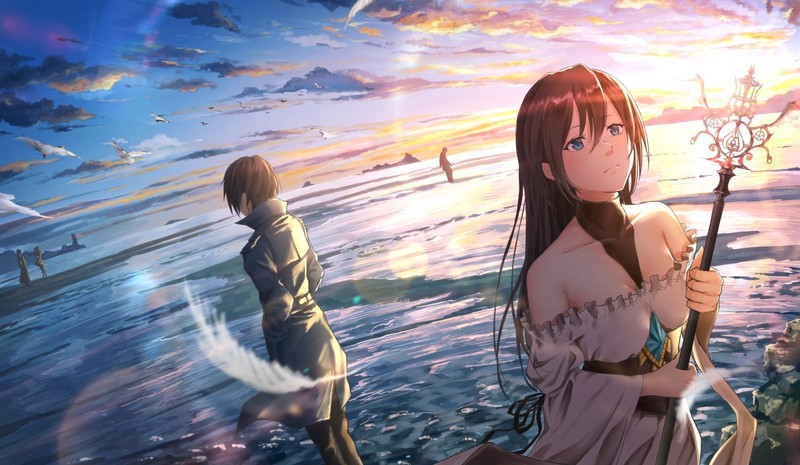 anime, anime girls, original characters, long hair, looking into the distance, water, sky, clouds, staff, feathers, dress, bare shoulders