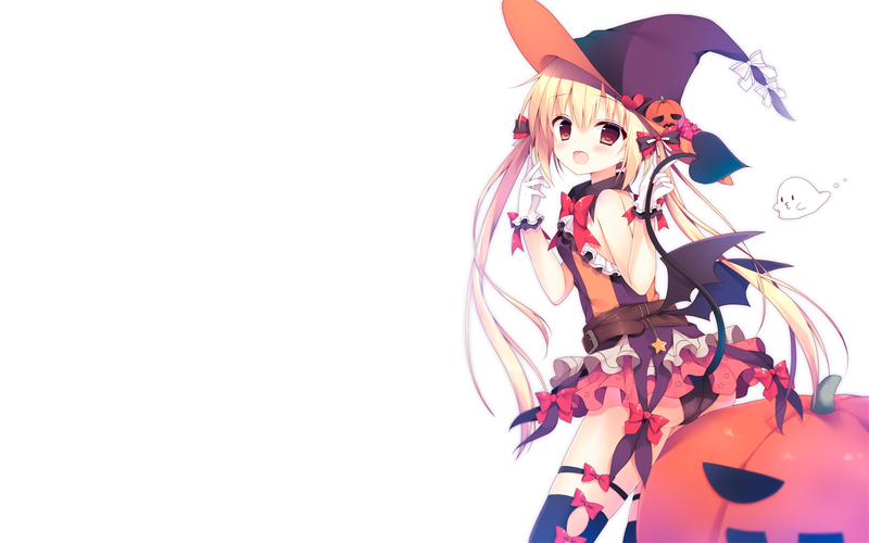 Halloween, witch hat, hat, pumpkin, white background, blonde, ass, brown eyes, gloves, long hair, panties, tail, thigh-highs, underwear, wings