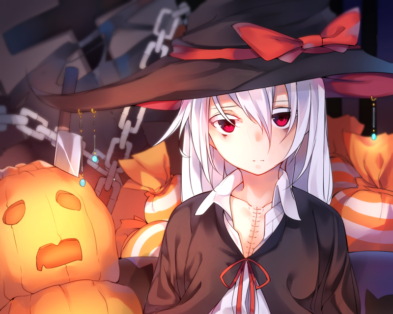 Halloween, witch hat, hat, pumpkin, hair bows, chains, knife, long hair, red eyes, scars, waifu2x, white hair, Jack O Lantern