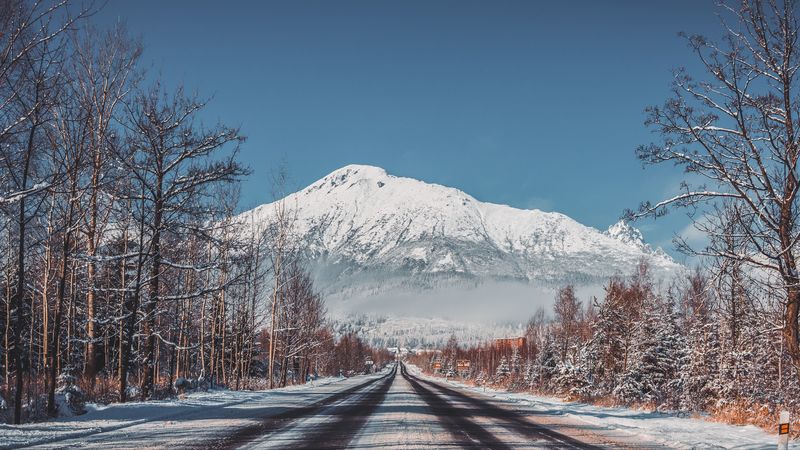 road, mountains, snow, trees, landscape, winter, 4k