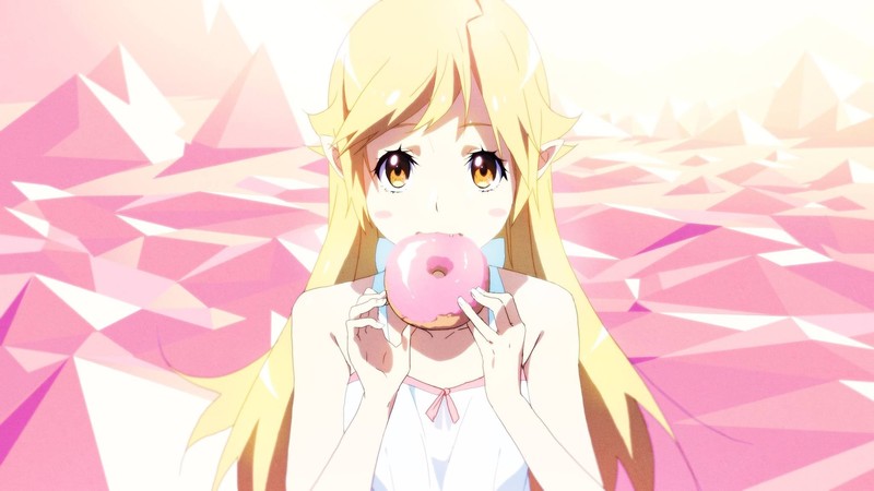 Monogatari Series, Oshino Shinobu, donut, anime girls, yellow hair, pink, food, anime, anime girls eating