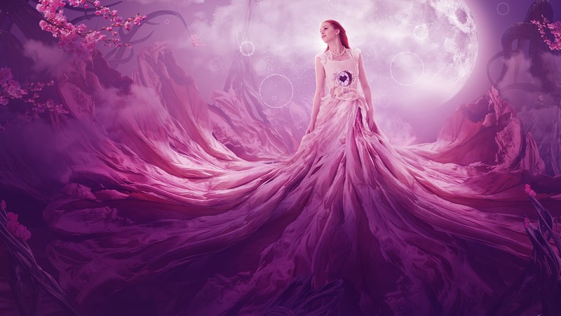 digital art, fantasy art, photo manipulation, fantasy girl, colorful, Moon, pink, purple, women, redhead, heart