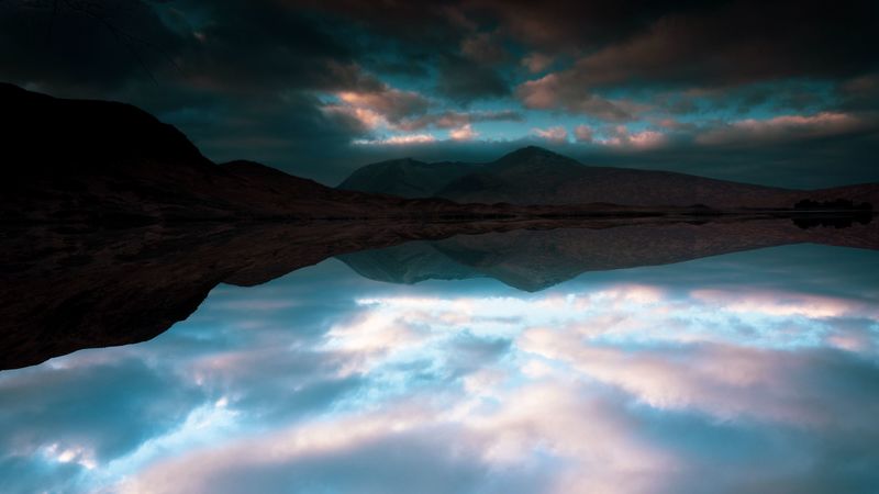lake, mountains, reflection, clouds, landscape, 4k