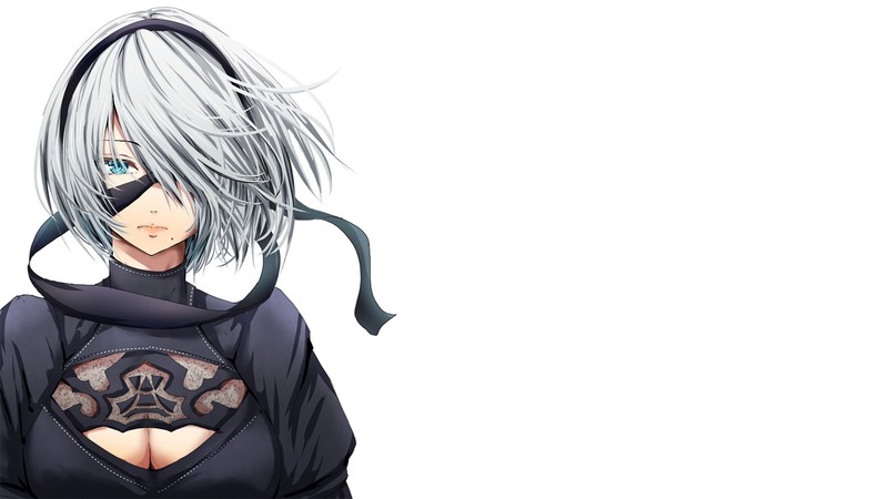 video games, looking at viewer, Nier: Automata, women, artwork, digital art, boobs, cleavage, blue eyes, white hair, NieR, 2B (Nier: Automata)