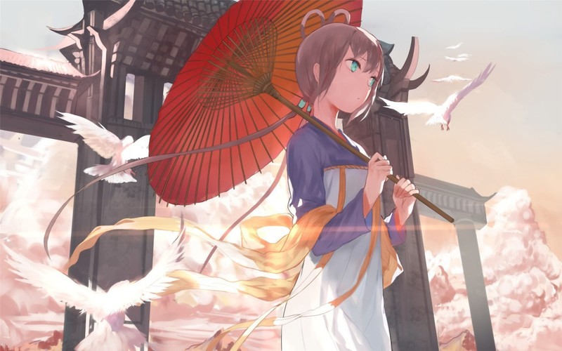 Luo Tianyi, anime girls, hanfu, umbrella, Vocaloid China, birds, anime, blue eyes