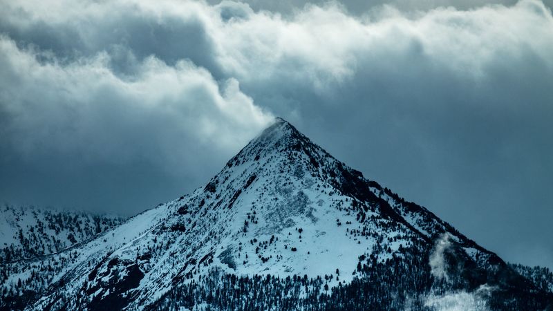 mountain, peak, clouds, snow, trees, slope, 4k