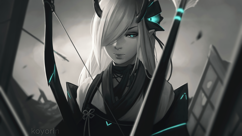 anime girls, bow, white hair, blue eyes, Koyorin, horns