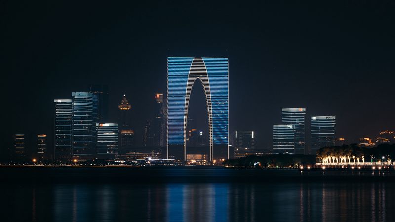 night city, buildings, skyscrapers, water, 4k