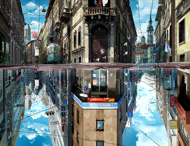 building, digital art, birds, reflection, train, water, city, festivals, anime, Ryan van Dongen