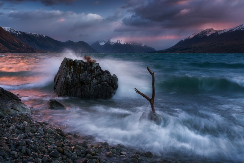New Zealand, nature, mountains, dark, water, sky