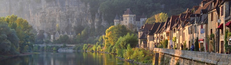 landscape, France, La Roque Gageac, nature, river, stream, trees, castle, villages, cliff, mountains, dual monitors, multiple display