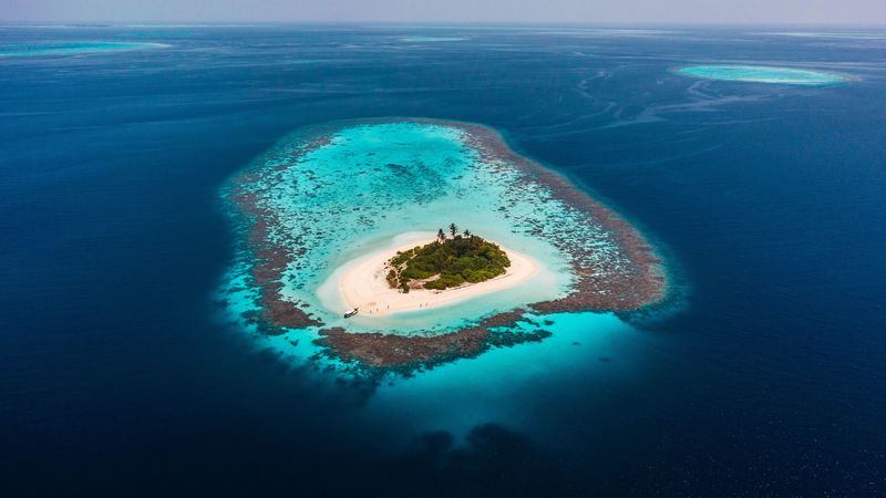 island, ocean, aerial view, water, beach, 4k