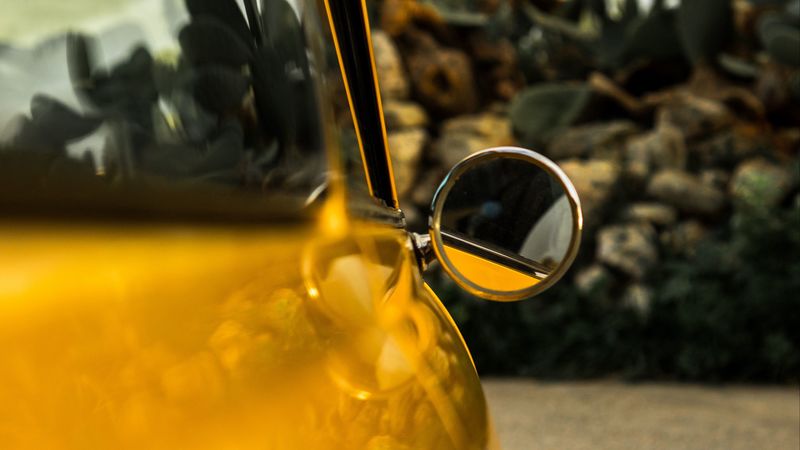 car, mirror, retro, yellow, round, 4k