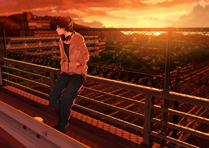 headphones, anime, digital art, sunset, building, town, short hair