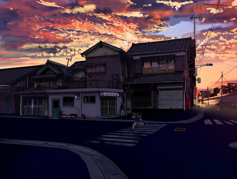 building, digital art, sunset, clouds, sky, Asian architecture, anime, moescape