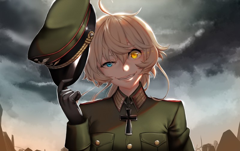 heterochromia, blonde, military, fangs, hat, ruin, short hair, sky, uniform, blue eyes, yellow eyes, Youjo Senki, Tanya Degurechaff
