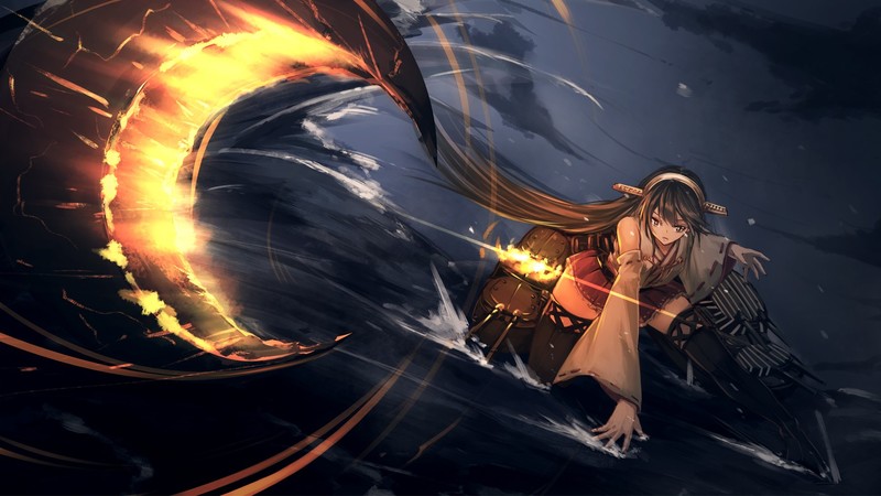 anthropomorphism, brown eyes, brunette, Haruna (KanColle), headband, Kantai Collection, long hair, skirt, thigh-highs, water