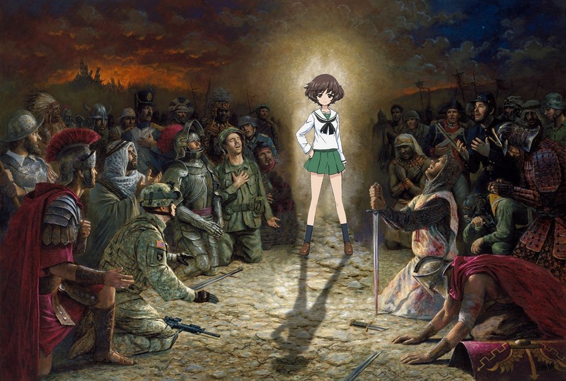 Girls und Panzer, Akiyama Yukari, anime girls, brunette, sword, gun, short hair, short skirt