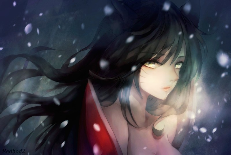animal ears, black hair, cleavage, fox girl, Japanese clothes, League of Legends, long hair, snow, yellow eyes, Ahri (League of Legends)