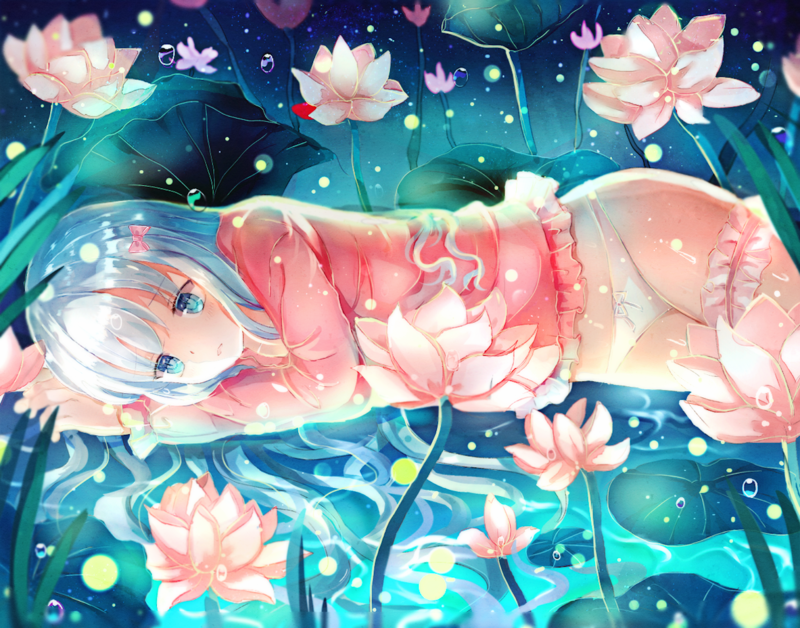 blue eyes, blue hair, bubbles, Eromanga-sensei, flowers, Izumi Sagiri, leaves, panties, underwear, water