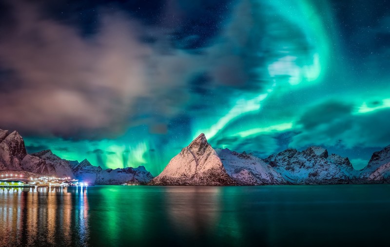 Norway, blue, sky, mountains, lights, water, nature, aurorae, reflection, colorful, turquoise, cyan