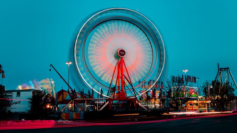 ferris wheel, movement, long exposure, attraction, lights, 4k