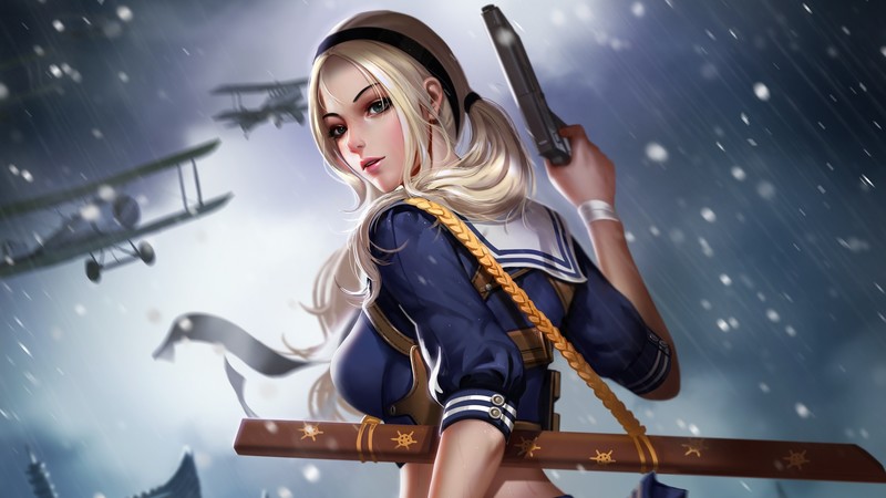 women, movies, blonde, gun, Sucker Punch, looking back, digital art, artwork, blue eyes, airplane, pigtails, schoolgirl, school uniform, big boobs, Baby Doll, girls with guns