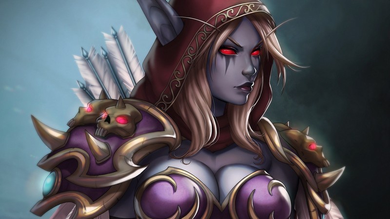 video games, Warcraft, World of Warcraft, Sylvanas Windrunner, rangers, archer, red eyes, cleavage, digital art, artwork, big boobs