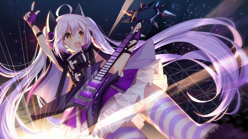 anime, anime girls, Forever 7th Capital, long hair, purple hair, twintails, orange eyes, animal ears, open mouth, guitar, dress, skirt, pantyhose, stages, concerts