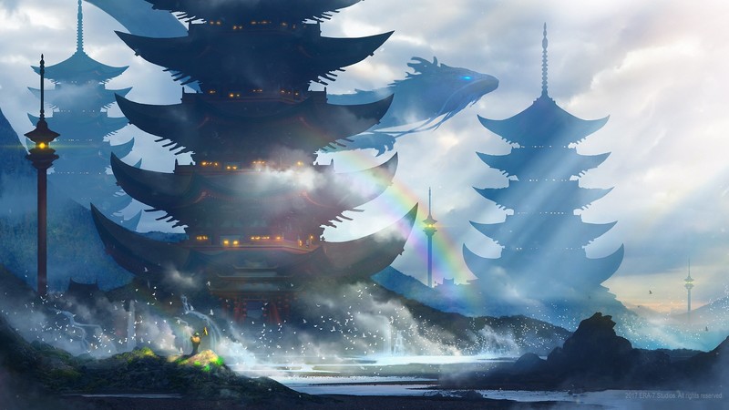castle, dragon, artwork, pagoda, Chinese architecture