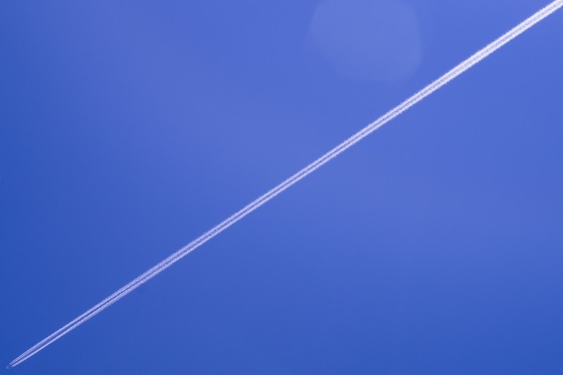 sky, sky blue, airplane, contrails, minimalism