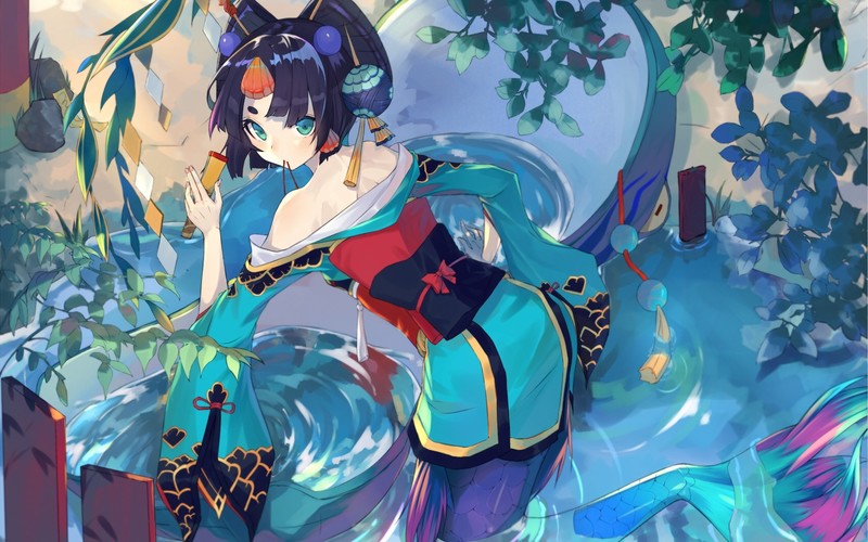 Onmyoji, anime girls, anime, dark hair, blue eyes