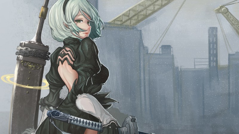 video games, digital art, looking back, white hair, NieR, Nier: Automata, 2B, 2B (Nier: Automata), sword, katana