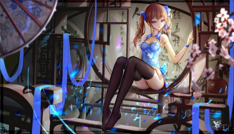 Cheongsam, Chinese dress, anime girls, blue eyes, black lace, Blue ribbons, pantyhose, knee-highs