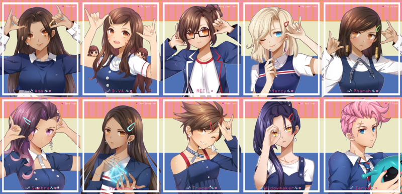 collage, Overwatch, Ana (Overwatch), D.Va (Overwatch), Mei (Overwatch), Mercy (Overwatch), Pharah (Overwatch), Sombra (Overwatch), Symmetra (Overwatch), Tracer (Overwatch), Widowmaker (Overwatch), Zarya (Overwatch), Twice