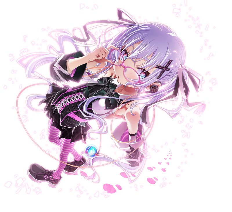 anime, anime girls, white background, looking at viewer, long hair, purple hair, hair ornament, twintails, blushing, glasses, earphones, bow-tie, bare shoulders, armpits, dress, boots, pantyhose