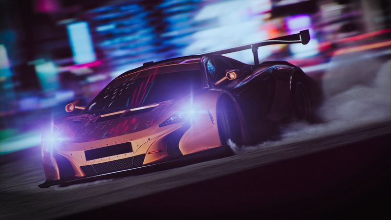 sportscar, drift, speed, night, light, smoke, 4k