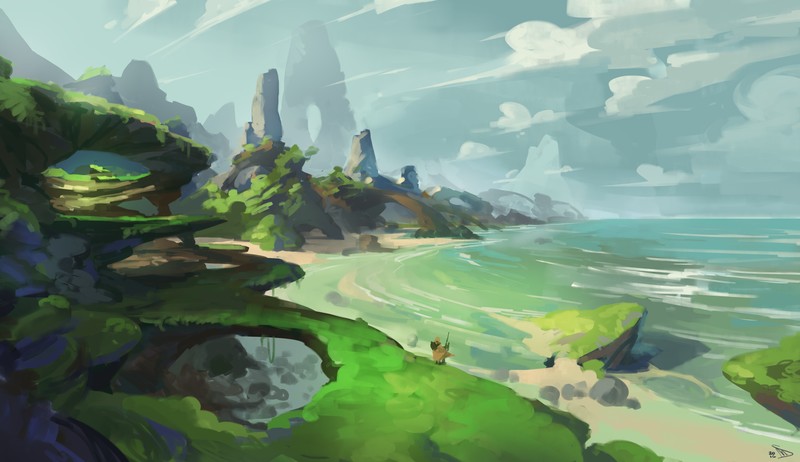 digital art, fantasy art, nature, landscape, painting, coastline, rock formation, clouds, sea, hunter