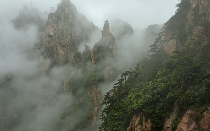 nature, landscape, mountains, trees, mist, forest, rock