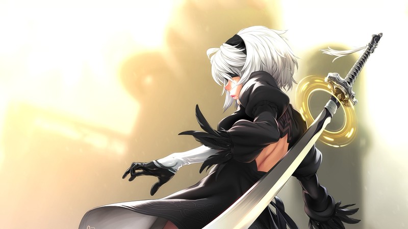 video games, NieR, Nier: Automata, 2B, 2B (Nier: Automata), sword, white hair