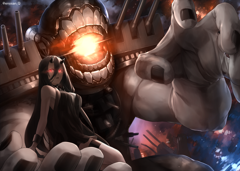 anime, anime girls, Kantai Collection, dress, fire, pale, giant, horns, cannons, long hair, looking at viewer, red eyes, charge
