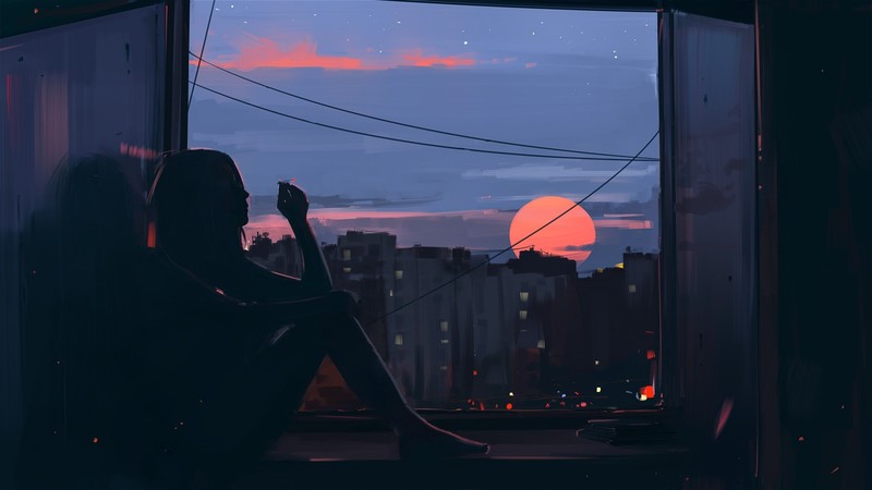 women, dark, window, sunset, city, smoking, barefoot, artwork, women indoors, Aenami, cigarettes, digital, digital art, silhouette